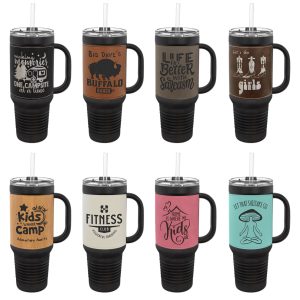 Polar Camel 40 oz. Black with (Color) Laserable Leatherette Travel Mug with a Handle, Straw Included